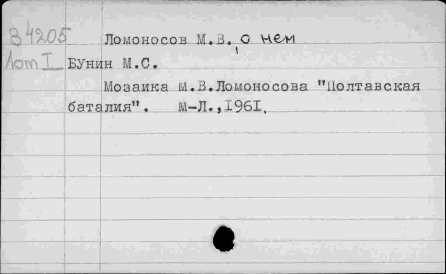 ﻿		Ломоносов М*й. О Нв-М
	1 Бунин М.С.	
	Мозаика м.В.Ломоносова ’’Полтавская баталия”. М-Л..1961.	
		
		
		
		
		
		
		
		